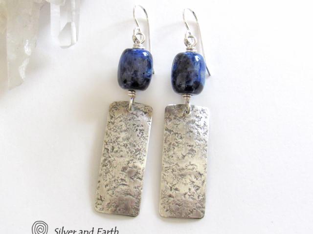 Sterling Silver Rectangle Earrings with Blue Sodalite Gemstones - Silver Jewelry