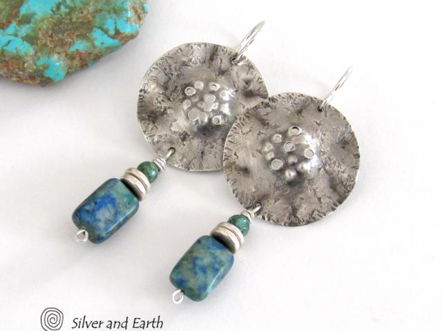 Modern Sterling Silver Earrings with Azurite Malachite & Turquoise Stones