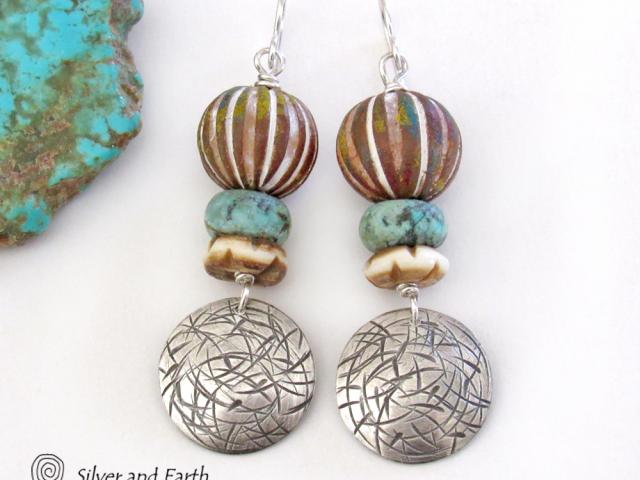 Boho Tribal Sterling Silver Earrings with African Turquoise & African Beads
