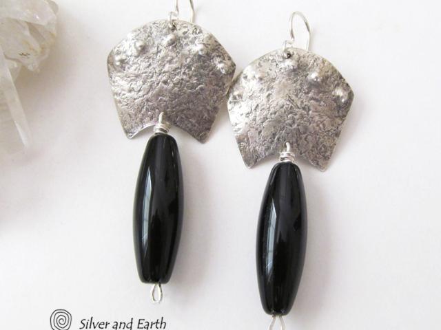 Sterling Silver Egyptian Earrings with Onyx Gemstones - Bold Exotic Jewelry