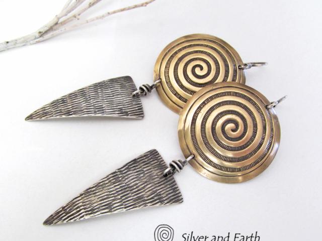 Sterling Silver & Brass Earrings with Spiral Design -Contemporary Modern Jewelry