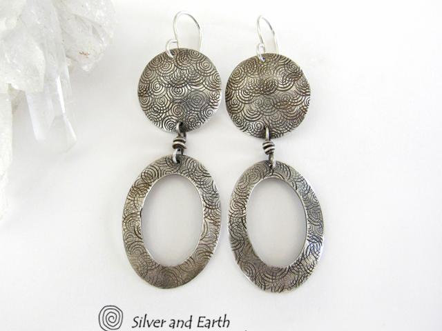 Textured Sterling Silver Hoop Dangle Earrings - Stylish Modern Everyday Jewelry