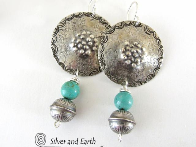 Turquoise & Sterling Silver Concho Earrings - Modern Southwestern Style Jewelry
