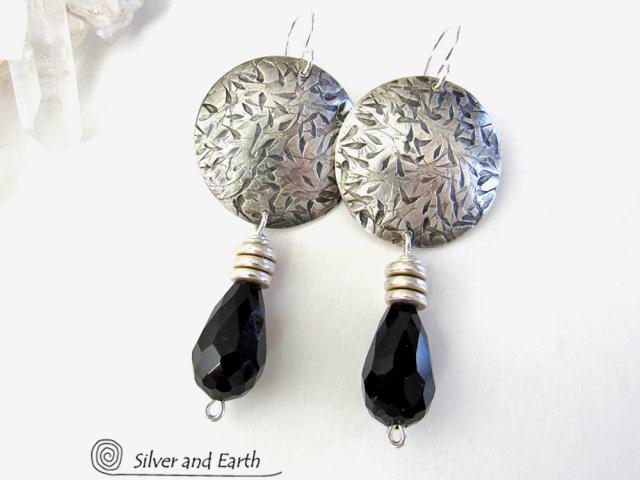 Sterling Silver Earrings with Black Crystals - Elegant Modern Silver Jewelry