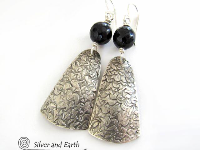Modern Sterling Silver Earrings with Black Onyx Gemstones