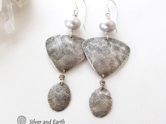 Sterling Silver Earrings with Grey Pearls - Contemporary Modern Silver Jewelry