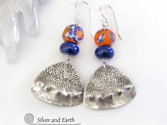 Boho Chic Sterling Silver Earrings with Blue Orange African Glass Beads & Lapis