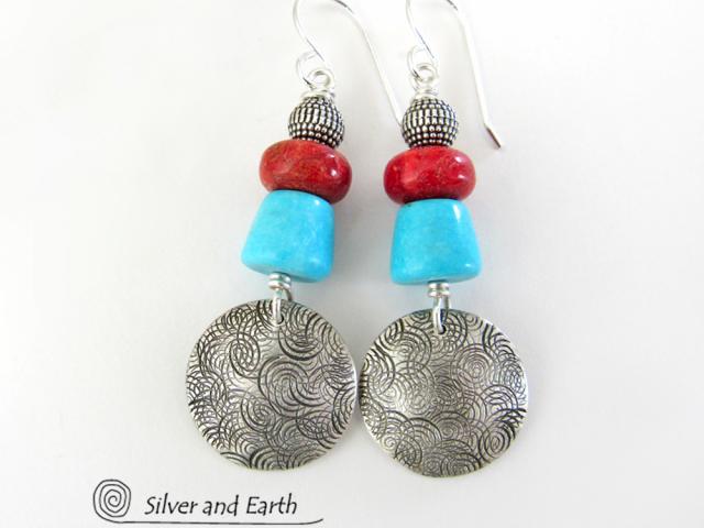 Sterling Silver Earrings with Sleeping Beauty American Turquoise & Red Coral