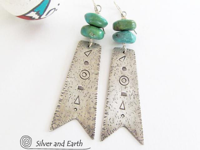 Sterling Silver Tribal Earrings with Natural Turquoise Stones
