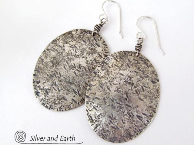 Large Sterling Silver Earrings with Rustic Earthy Organic Texture