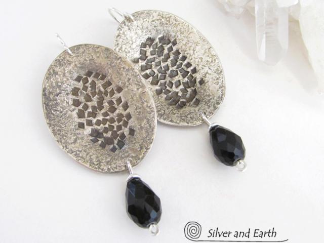 Hammered Modern Sterling Silver Dangle Earrings with Faceted Black Crystals