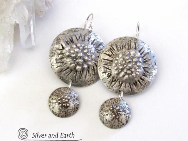 Big Round Sterling Silver Earrings with Rustic Organic Texture