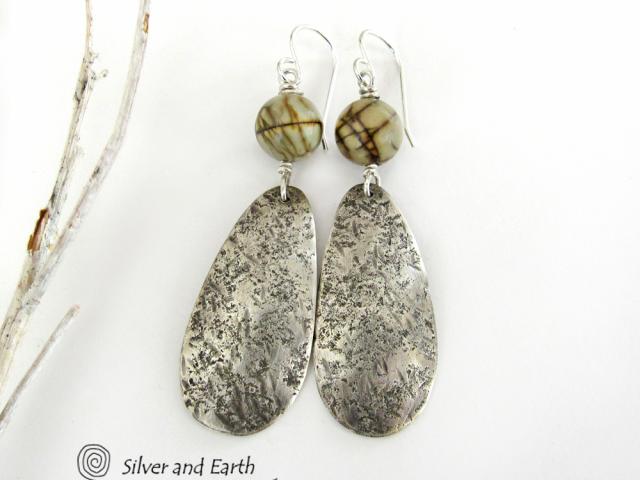 Sterling Silver Dangle Earrings with Jasper Stones - Modern Earthy Jewelry