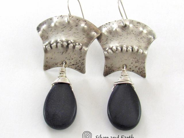 Sterling Silver Egyptian Earrings with Black Onyx Gemstone - Bold Exotic Jewelry