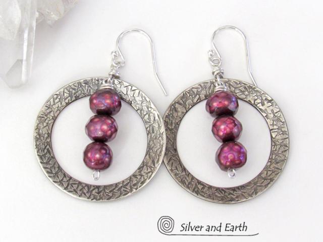 Sterling Silver Hoop Earrings with Faceted Burgundy Pearls - Dressy Jewelry