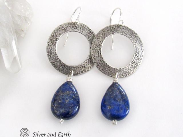 Modern Sterling Silver Earrings with Blue Lapis Lazuli Gemstones