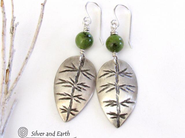 Sterling Silver Leaf Earrings with Green Jade Stones - Artisan Nature Jewelry