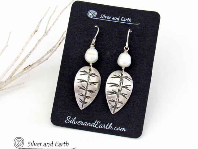 Sterling Silver Leaf Earrings with White Pearls - Modern Nature Jewelry