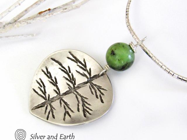 Sterling Silver Leaf Necklace with Green Jade Gemstone - Nature Inspired Jewelry
