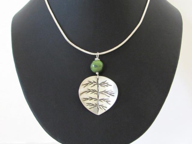Sterling Silver Leaf Necklace with Green Jade Gemstone - Nature Inspired Jewelry