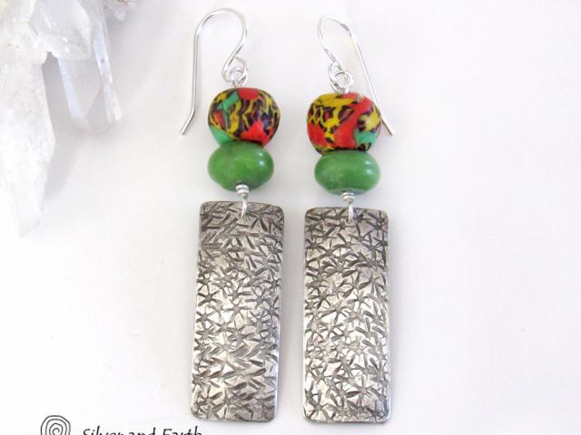Sterling Silver Earrings with African Glass Beads & Green Serpentine Stones