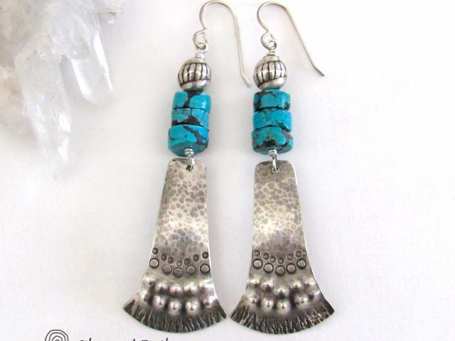 Sterling Silver Tribal Earrings with Turquoise - Unique Bold Southwest Jewelry