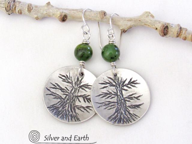 Sterling Silver Tree Earrings with Green Jade - Tree of Life Nature Jewelry