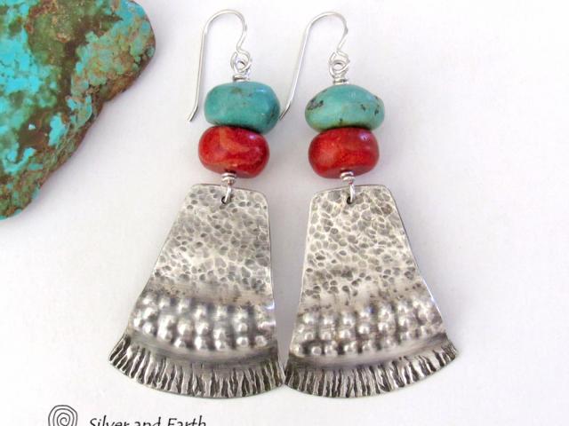 Sterling Silver Earrings with Turquoise Red Coral - Modern Southwestern Jewelry