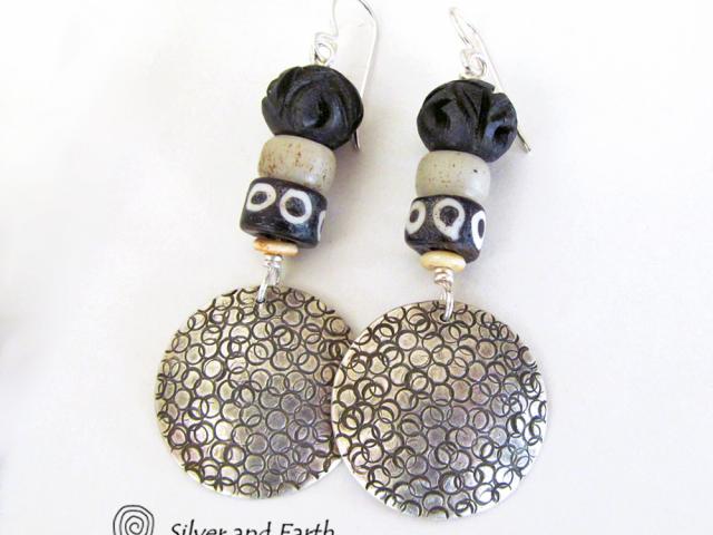 Sterling Silver Earrings with African Beads - Ethnic Boho Tribal Jewelry