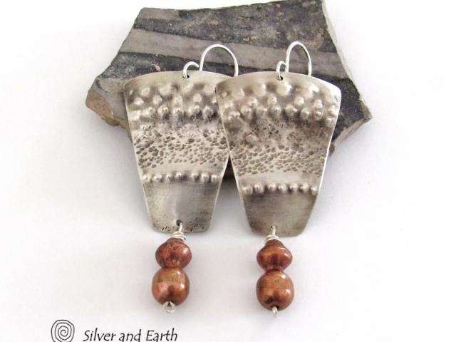 Sterling Silver Tribal Earrings with Copper Beads - Bold Unique Artisan Jewelry