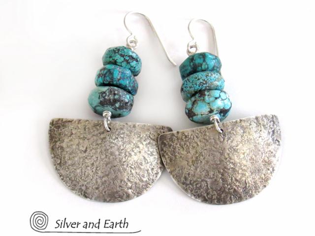 Sterling Silver Half Moon Earrings with Turquoise - Bold Earthy Silver Jewelry