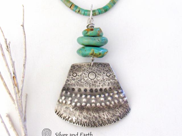 Bold Unique Sterling Silver & Turquoise Necklace - Tribal Southwestern Jewelry