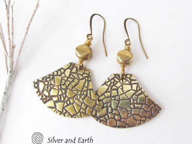 Textured Gold Brass Dangle Earrings - Artisan Handmade Metal Jewelry