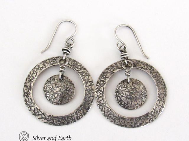 Textured Sterling Silver Hoop Dangle Earrings - Contemporary Modern Jewelry