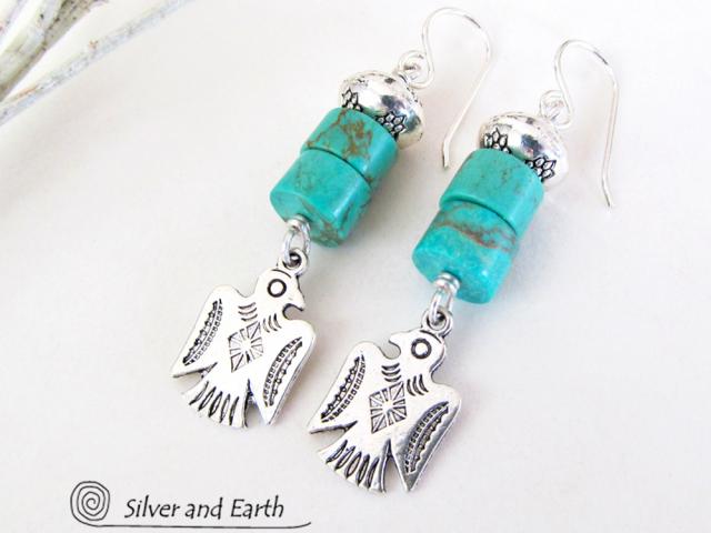 Silver Thunderbird Earrings with Natural Turquoise Stones - Southwestern Jewelry