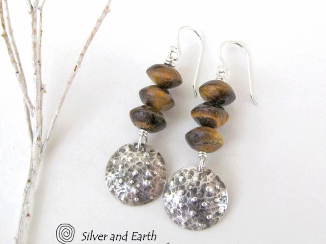 Small Sterling Silver Dangle Earrings with Brown Tiger's Eye Stones