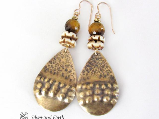 Brass Tribal Earrings with Brown Tiger's Eye Gemstones and African Carved Bone