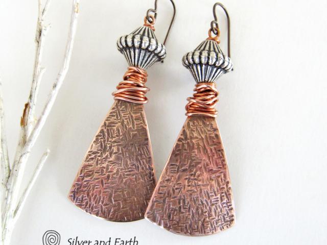 Bohemian Tribal Copper Earrings with Silver Beads - Unique Mixed Metal Jewelry