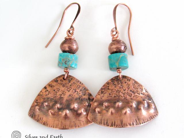 Textured Copper Earrings with Turquoise Stones - Tribal Southwestern Jewelry