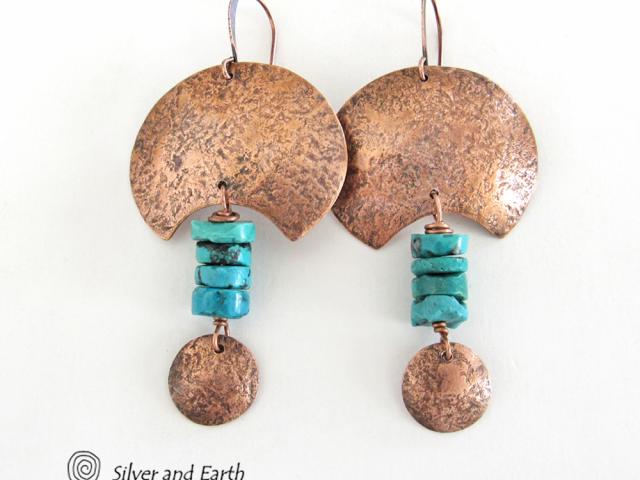 Copper Crescent Moon Earrings with Turquoise - Boho Chic Tribal Jewelry