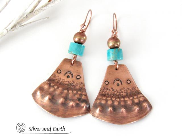 Copper & Turquoise Bohemian Earrings - Unique Boho Tribal Jewelry