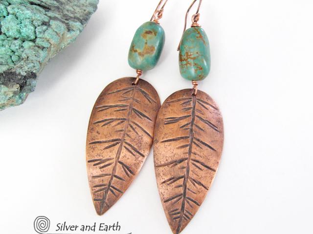 Copper Feather Earrings with Turquoise - Modern Southwestern Jewelry