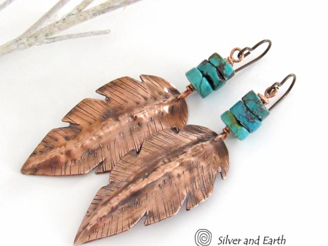 Hand Forged Copper Feather Earrings with Natural Turquoise Heishi Stones