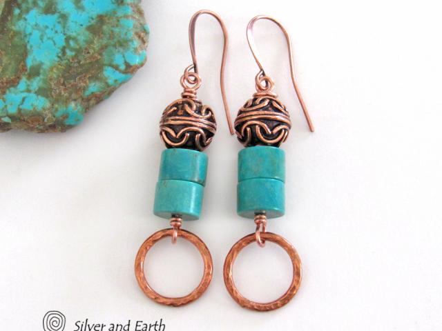 Round Hammered Copper Dangle Earrings with Turquoise Stones & Filigree Beads