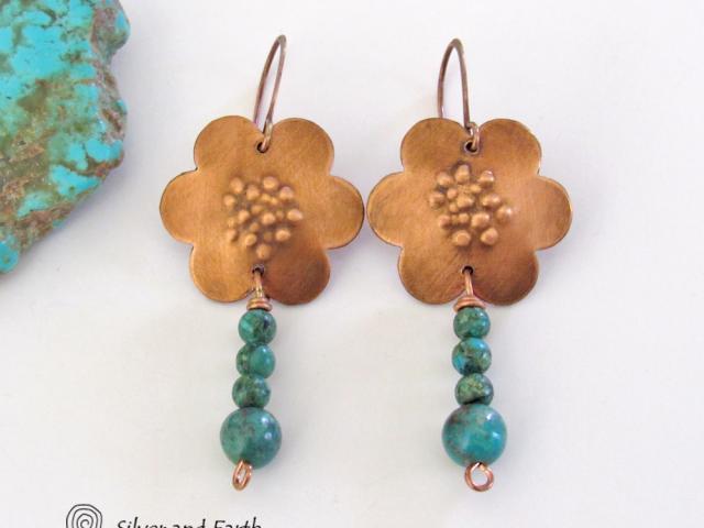 Copper Flower Earrings with Dangling Turquoise - Earthy Nature Jewelry