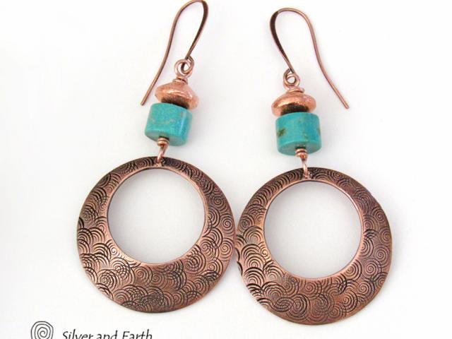 Textured Round Copper Hoop Dangle Earrings with Turquoise Stones