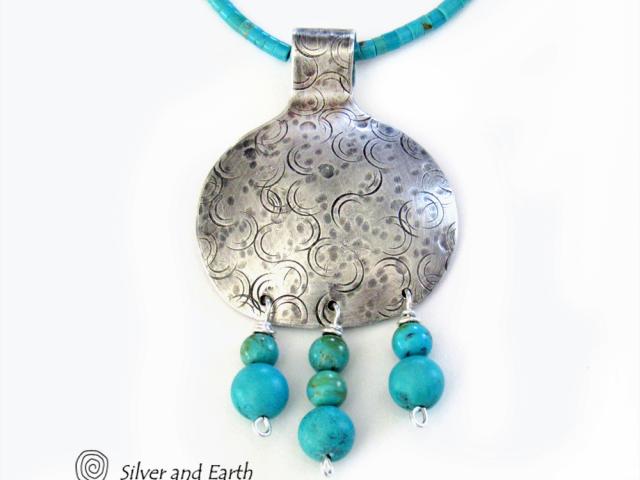 Sterling Silver Necklace with Turquoise Fringe Dangle - Modern Southwest Jewelry