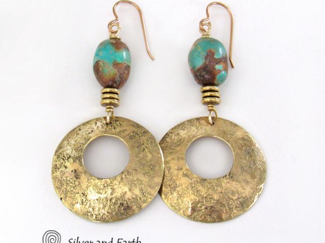 Gold Brass Hoop Earrings with Turquoise Stones - Modern Chic Jewelry