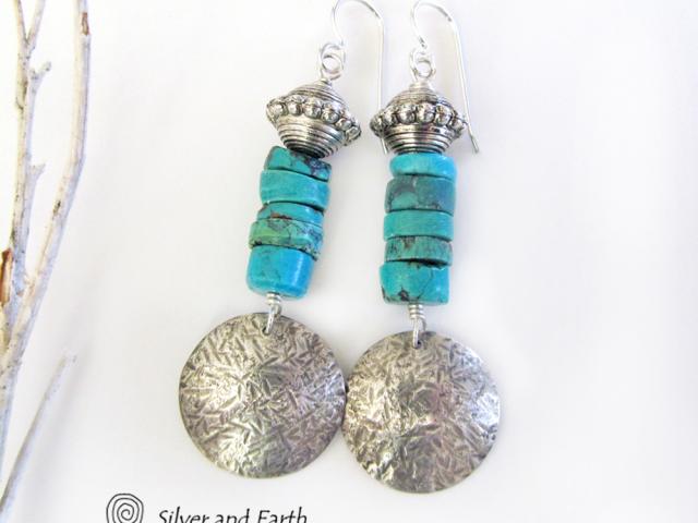 Round Sterling Silver Dangle Earrings with Natural Turquoise Heishi Stones