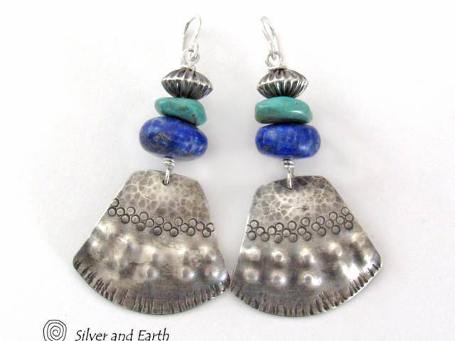 Sterling Silver Earrings with Turquoise & Lapis - Modern Southwest Jewelry